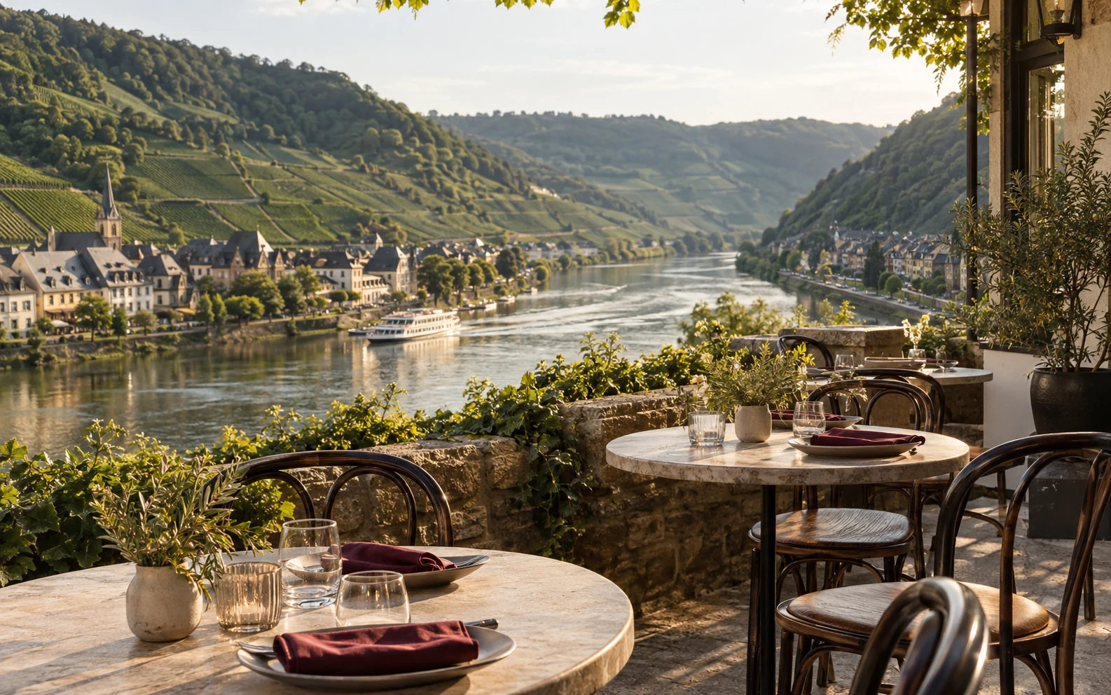 Restaurantterrasse an der Mosel, KI-Konzept