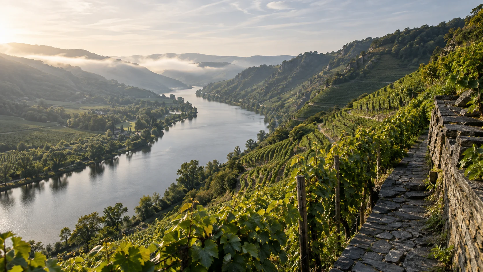 Weinberge und Flusslandschaft, KI-Konzept